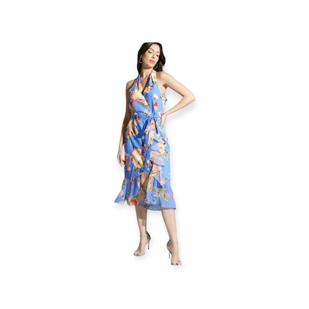 Adrianna Papell Printed Stretch Crepe‎ Halter Dress High-Low Hem Size S